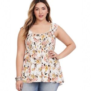 Torrid Super Soft Floral Ruffle Tank in white with pink and yellow florals 5